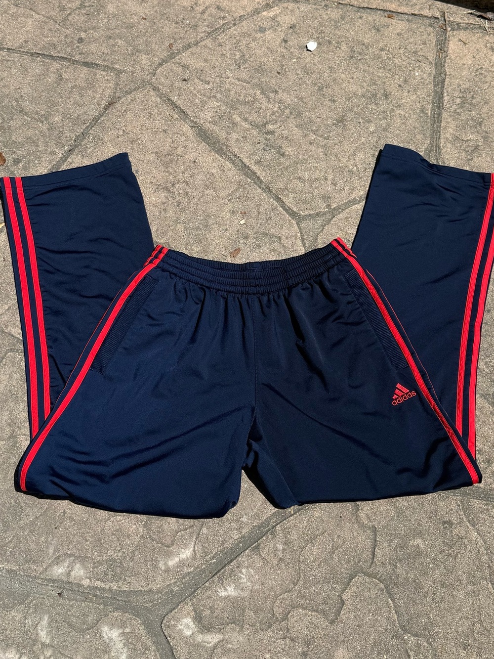 Adidas Navy Blue Athletic Track Pants with Red Stripes